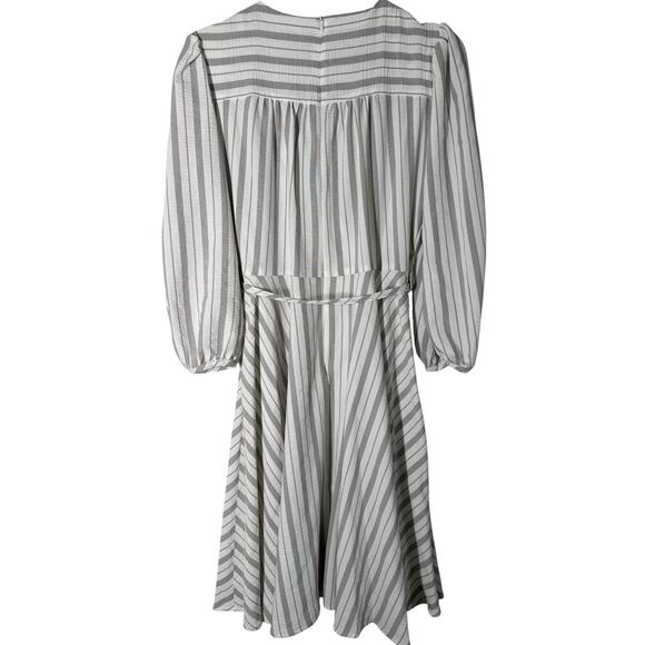 Calvin Klein White Gray Striped Faux Wrap Crepe Midi Dress 10 Classic Work - Picture 6 of 7